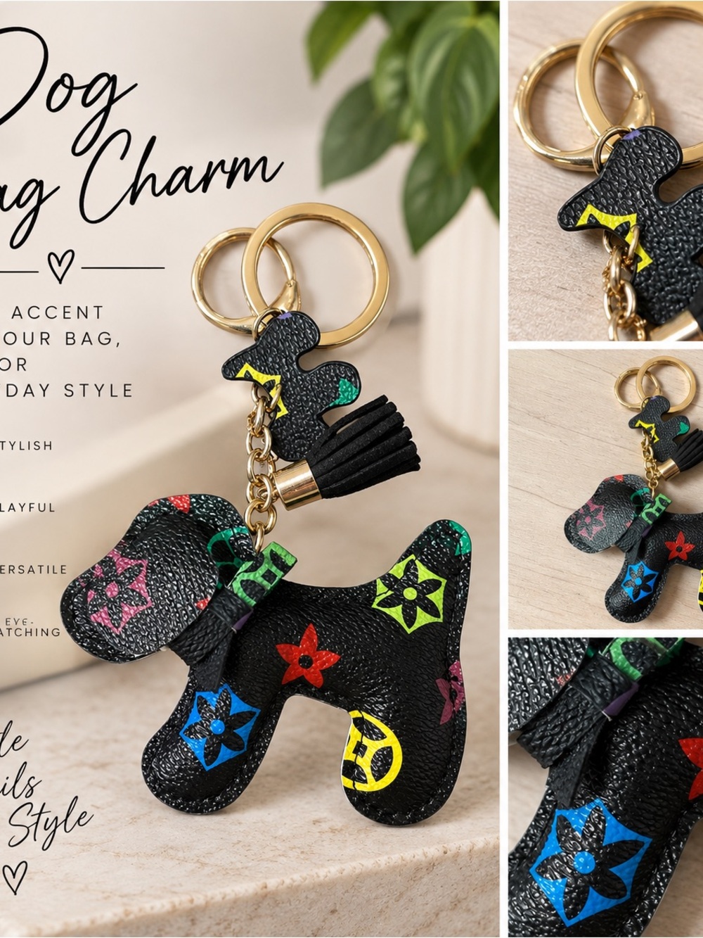 Black Multicolor Dog Bag Charm Keychain Tassel Gold Tone